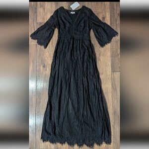 Pinup Fashion Black Lace Overlay Gothic Morticia Style Maxi Dress Size S NWTCo